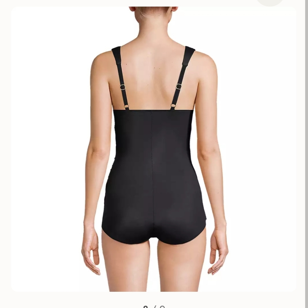 Land's End New SlenderSuit V-neck Wrap Skirted Low Leg One Piece Black Sz 10 - Picture 2 of 6